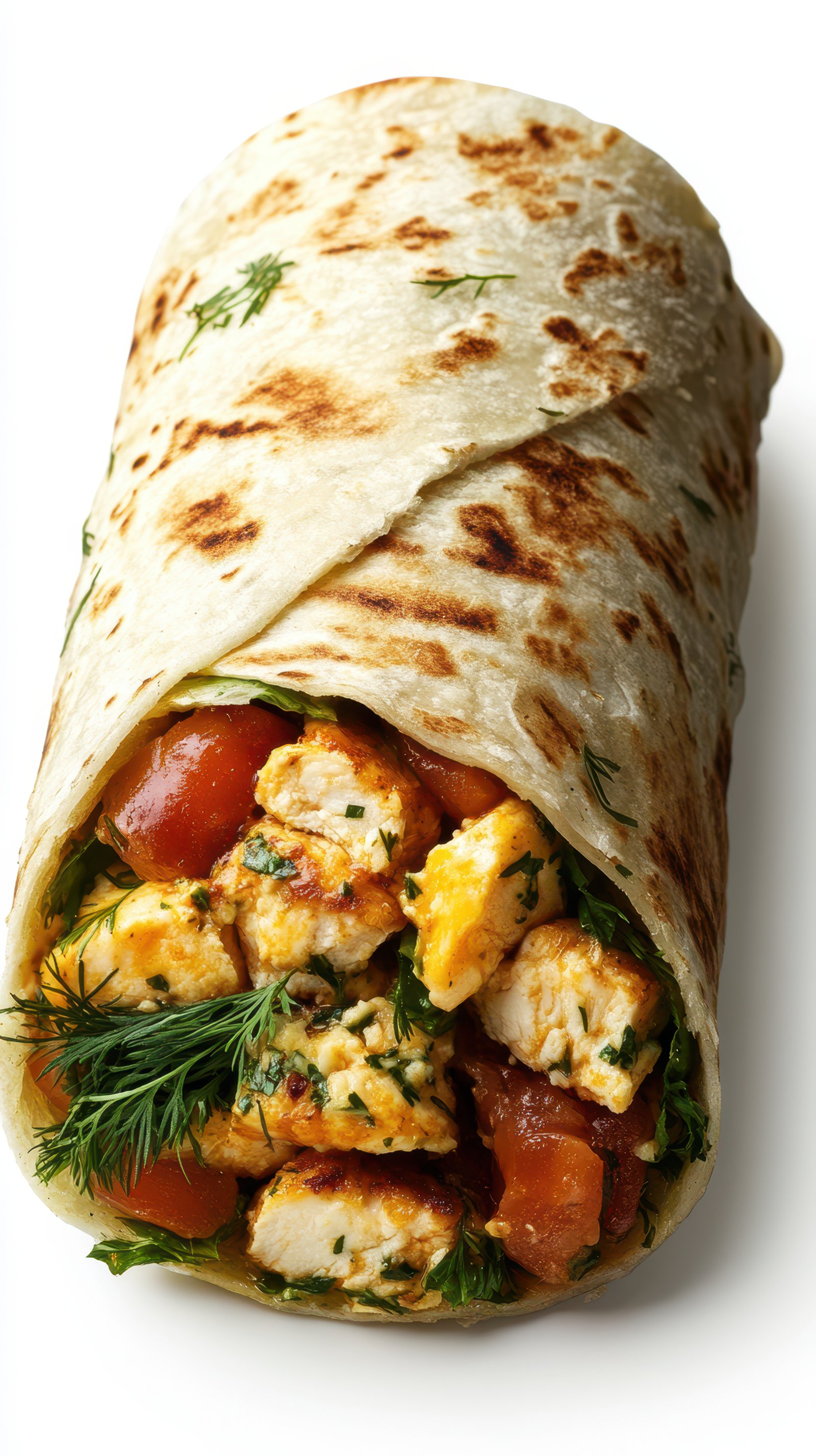 Delicious grilled chicken wrap with fresh vegetables and herbs from a local cafe